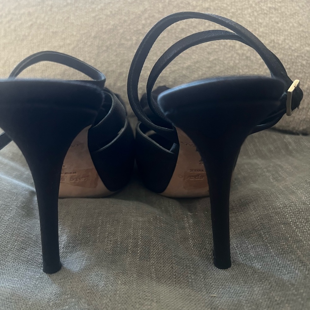 Kate Spade Black Satin Peep Toe Heels with Rose Accent - Picture 5 of 7
